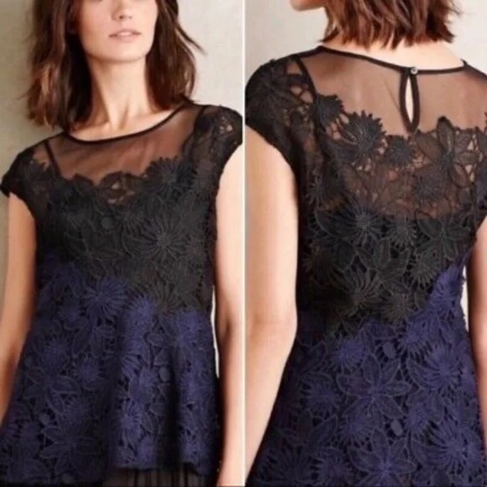 Deletta Anthropologie Garden Guise Black and Navy Lace Top Size Small